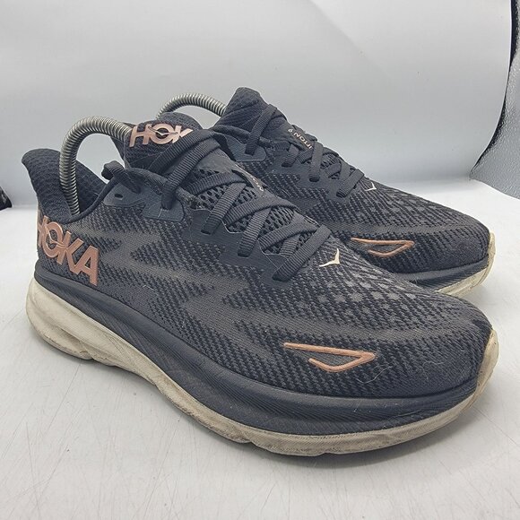 Hoka One One Clifton 9 Womens 7D Wide Running Shoes Black Rose Gold 1132211 BRGL - Picture 1 of 16